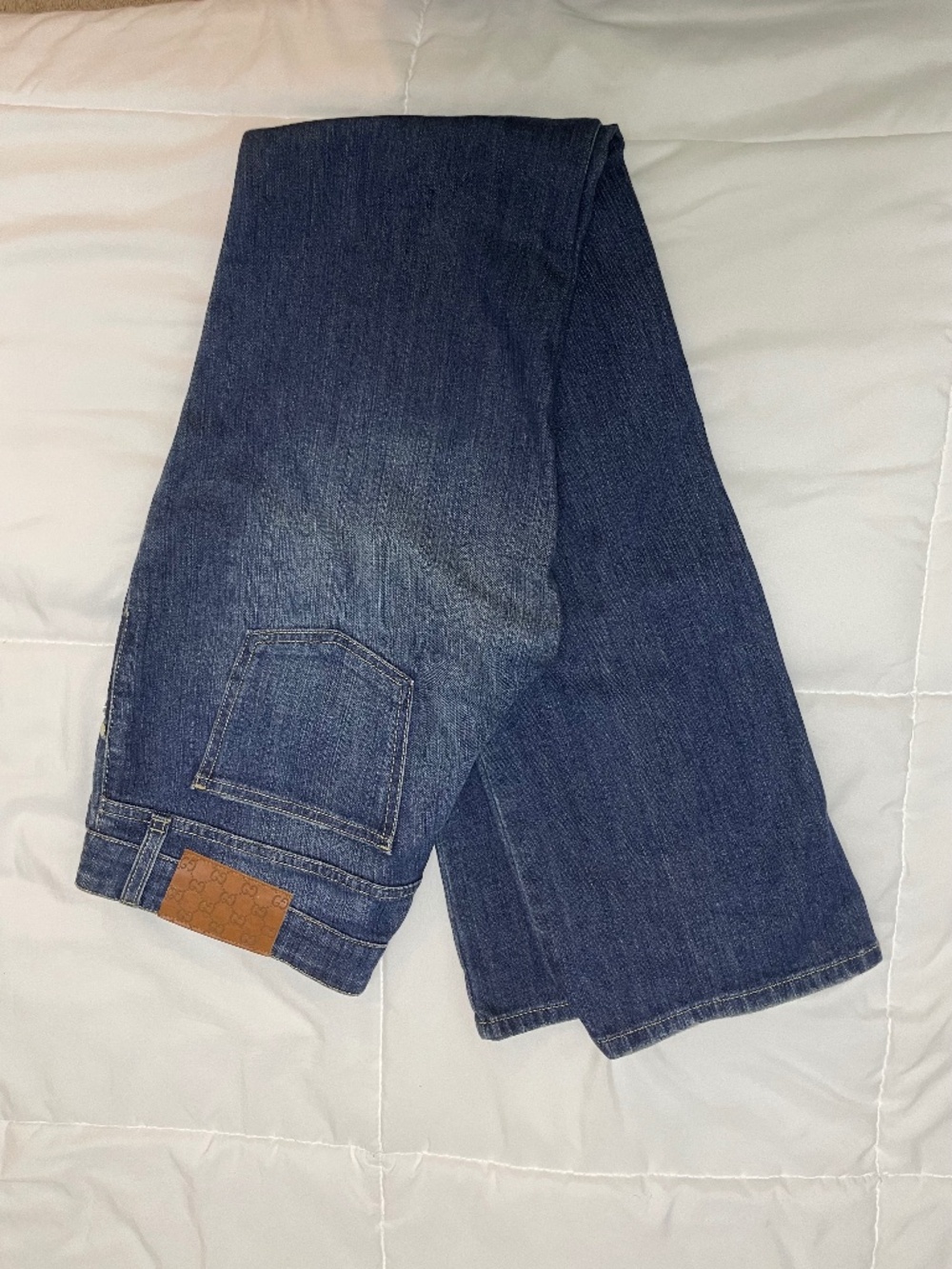 Authentic Gucci Dark Blue Straight/Bootcut Jeans W/ Leather Logo Patch